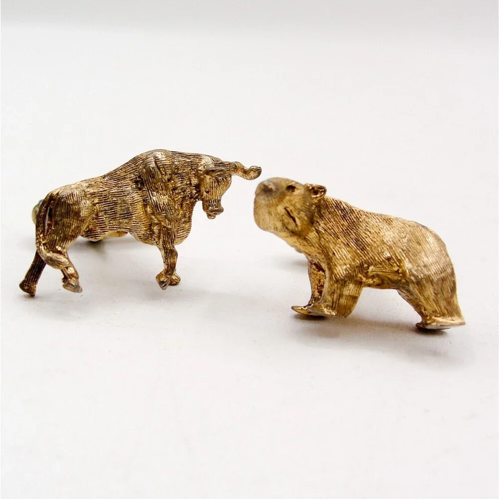 Vintage Sterling Silver Bull & Bear Cufflinks Gold Wash Stock Broker Wall Street